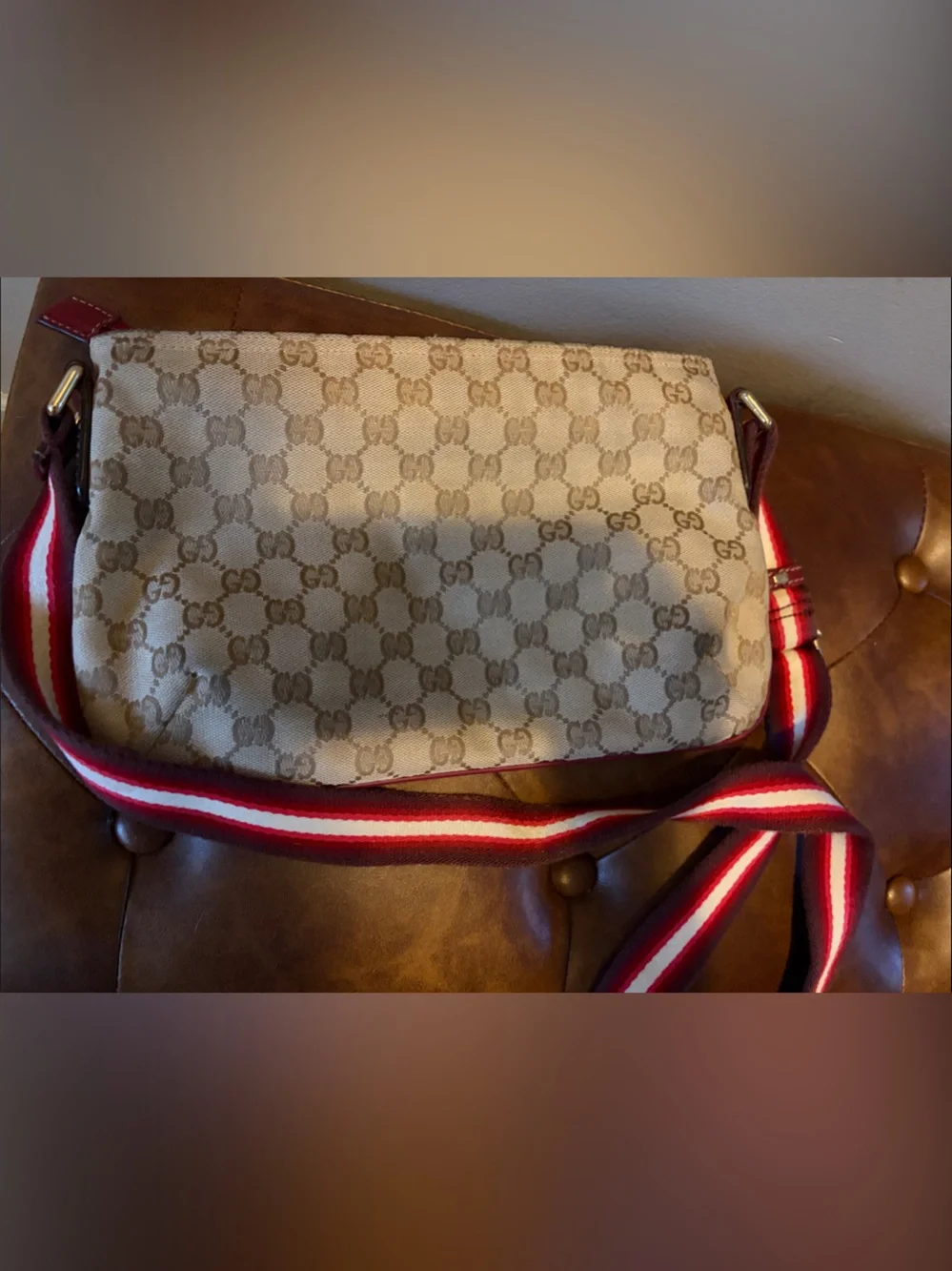 Gucci Beige GG Supreme Crossbody with Red and White Stripe Strap